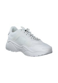 White athletic sneakers featuring a mesh upper, textured accents, round toe, and a thick rubber sole with patterned tread.