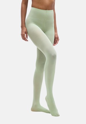 Zelené, vysoký pas legíny vyrobené z hladkého, pružného materiálu. Přiléhají těsně od pasu až k kotníkům a mají čistý, bezšvový design.