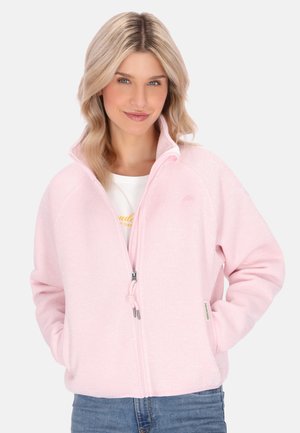 Giacca in pile zip-up rosa chiaro con colletto alto, due tasche laterali e dettagli con coulisse. Texture morbida e vestibilità casual.