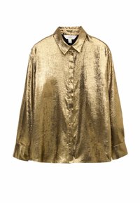 Camisa de manga larga metálica dorada con cuello, parte frontal abotonada y un ajuste ligeramente holgado; presenta una tela texturizada y brillante.