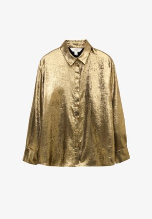 Złoty metaliczny koszula z długim rękawem, z kołnierzykiem, z przodem zapinanym na guziki i lekko luźnym krojem; posiada teksturowany, błyszczący materiał.