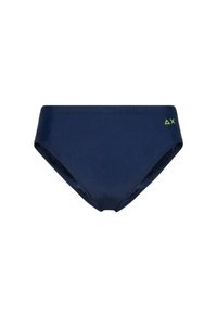 Slip bikini blu navy con una texture liscia, caratterizzato da un design a vita alta e piccoli accenti logo verde neon sui lati.
