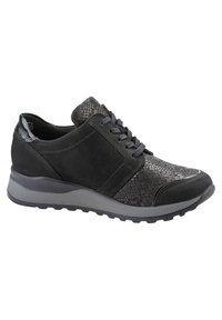 Schwarze Sneaker mit strukturiertem Schlangenleder-Design. Verfügt über Akzente aus Wildleder und glattem Leder, Schnürung vorne und eine gepolsterte Außensohle.