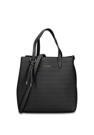 Zwarte gestructureerde leren tote bag met twee handvatten en verstelbare schouderriem, met klein goudkleurig "pierre cardin" logo aan de voorkant.