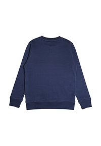 Felpa blu navy realizzata in tessuto morbido, con scollatura rotonda, maniche lunghe e polsini e orlo a coste. Texture liscia con dettagli minimi.