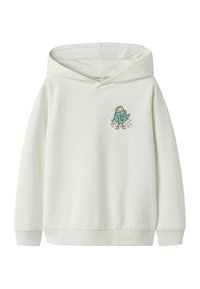 Sudadera ligera crema con un diseño gráfico frontal de un personaje de dibujos animados verde. Presenta un bolsillo delantero, capucha con cordón y puños acanalados.