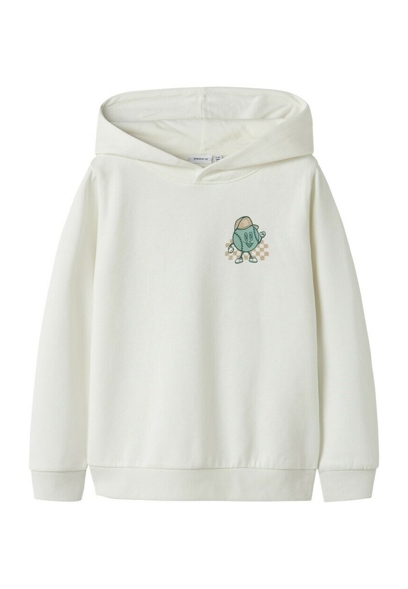 Sudadera ligera crema con un diseño gráfico frontal de un personaje de dibujos animados verde. Presenta un bolsillo delantero, capucha con cordón y puños acanalados.