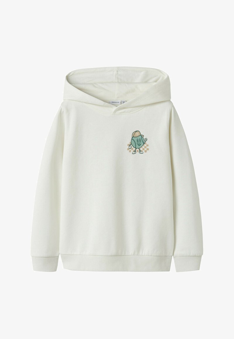 Sudadera ligera crema con un diseño gráfico frontal de un personaje de dibujos animados verde. Presenta un bolsillo delantero, capucha con cordón y puños acanalados.