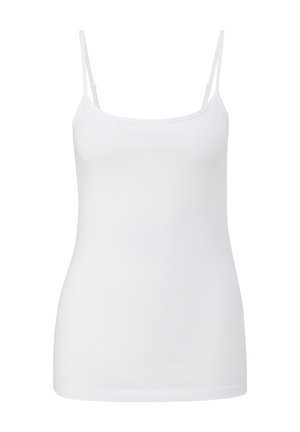Camisole blanche, fabriquée en tissu lisse, avec de fines bretelles ajustables et une coupe ajustée. Sans motifs ni accents supplémentaires.