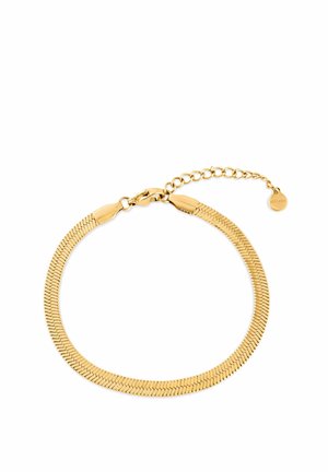 Aranyszínű lapos lánc karkötő rákfogó kapoccsal és állítható hosszabbító lánccal fehér háttéren.