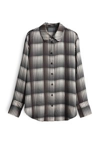 Camicia con bottoni in motivo plaid bianco e nero. Presenta un colletto, maniche lunghe e un fit rilassato con bottoni sul davanti.