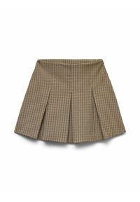 Gepofte minirok met een beige en zwart ruitpatroon. Gemaakt van stof met een gladde textuur en een platte tailleband.