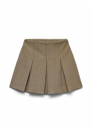 Plisowana mini spódnica w beżowo-czarną kratę. Wykonana z tkaniny o gładkiej fakturze, z płaskim pasem.