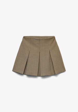 Plisowana mini spódnica w beżowo-czarną kratę. Wykonana z tkaniny o gładkiej fakturze, z płaskim pasem.