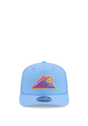 Light blue baseball cap with purple and orange mountain logo and a yellow baseball on front panel, flat brim and mesh back.