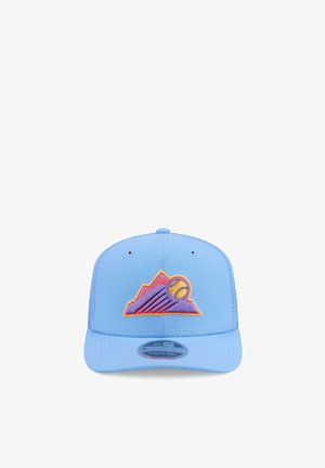 Light blue baseball cap with purple and orange mountain logo and a yellow baseball on front panel, flat brim and mesh back.