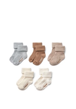 Set of five pairs of ribbed socks, featuring light gray, brown, beige, and cream colors with contrasting cuffs. Each pair has logo detail.