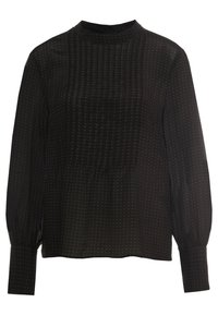 Svart blus med hög krage, texturerad yta med subtila mönster, långa puffärmar och dragkedja vid ryggen.