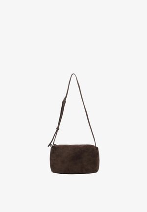 Brown suede rectangular crossbody bag with adjustable strap and zipper closure, shown against white background.