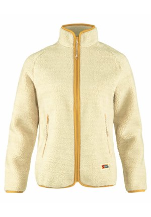 Beige fleece jack met een hoge kraag, gele ritssluiting en contrasterende bies. Voorzien van zijzakken en een patchlogo op de onderkant van de voorkant.