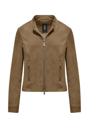 Giacca in finta pelle scamosciata marrone con zip frontale, colletto alla coreana, due tasche laterali e maniche lunghe. Texture liscia e vestibilità sartoriale.