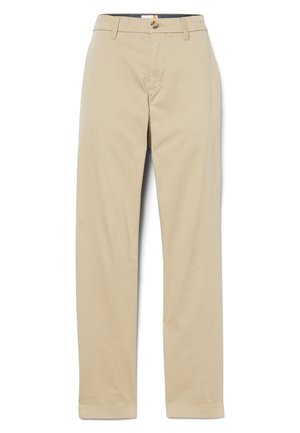 Beige chinos lavet af en bomuldsblanding, med lige ben-design, knaplukning og standard bæltestropper. Glat tekstur uden mønstre.