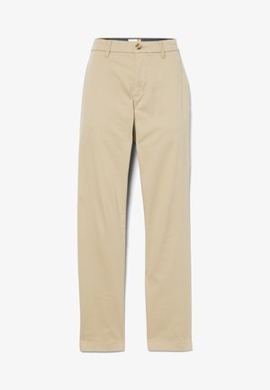 Beige chinos lavet af en bomuldsblanding, med lige ben-design, knaplukning og standard bæltestropper. Glat tekstur uden mønstre.