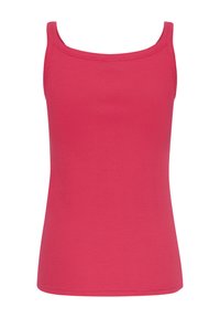 Top rosa aderente realizzato in tessuto elasticizzato, con scollatura a barca e spalline larghe, caratterizzato da una texture liscia e uniforme.