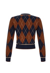 Braun und marinefarbenes Argyle-Muster cropped Sweater mit langen Ärmeln und geripptem Saum. Verfügt über goldene Akzentnähte.