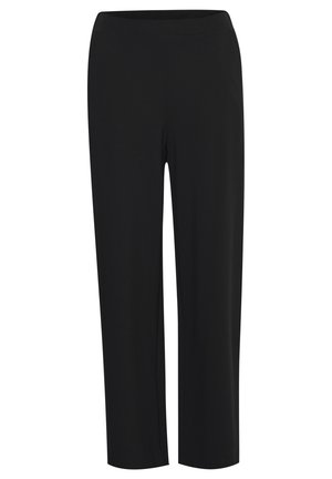 Schwarze, gerade geschnittene Hosen aus elastischem Material. Merkmale einen breiten, elastischen Bund und keine sichtbaren Nähte oder Taschen.