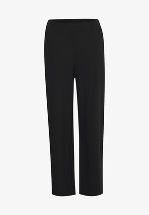 Schwarze, gerade geschnittene Hosen aus elastischem Material. Merkmale einen breiten, elastischen Bund und keine sichtbaren Nähte oder Taschen.