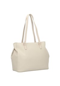Sac fourre-tout en simili cuir beige avec double poignées, finition texturée, un grand compartiment central et des côtés légèrement repliés.
