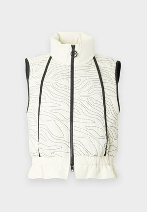 Light-colored, quilted sleeveless vest with a high collar, front zipper, black accents, and wavy stitched patterns; features a ruffled hem.