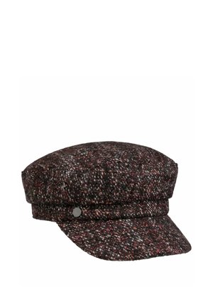 Dunkel kastanienbraune und schwarze Tweed-Newsboy-Kappe mit kurzem Schirm und kleinem, rundem Metallknopf an der Seite.