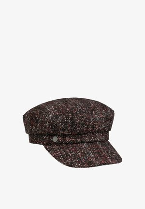 Dark maroon and black tweed newsboy cap with short brim and small round metal button detail on the side.