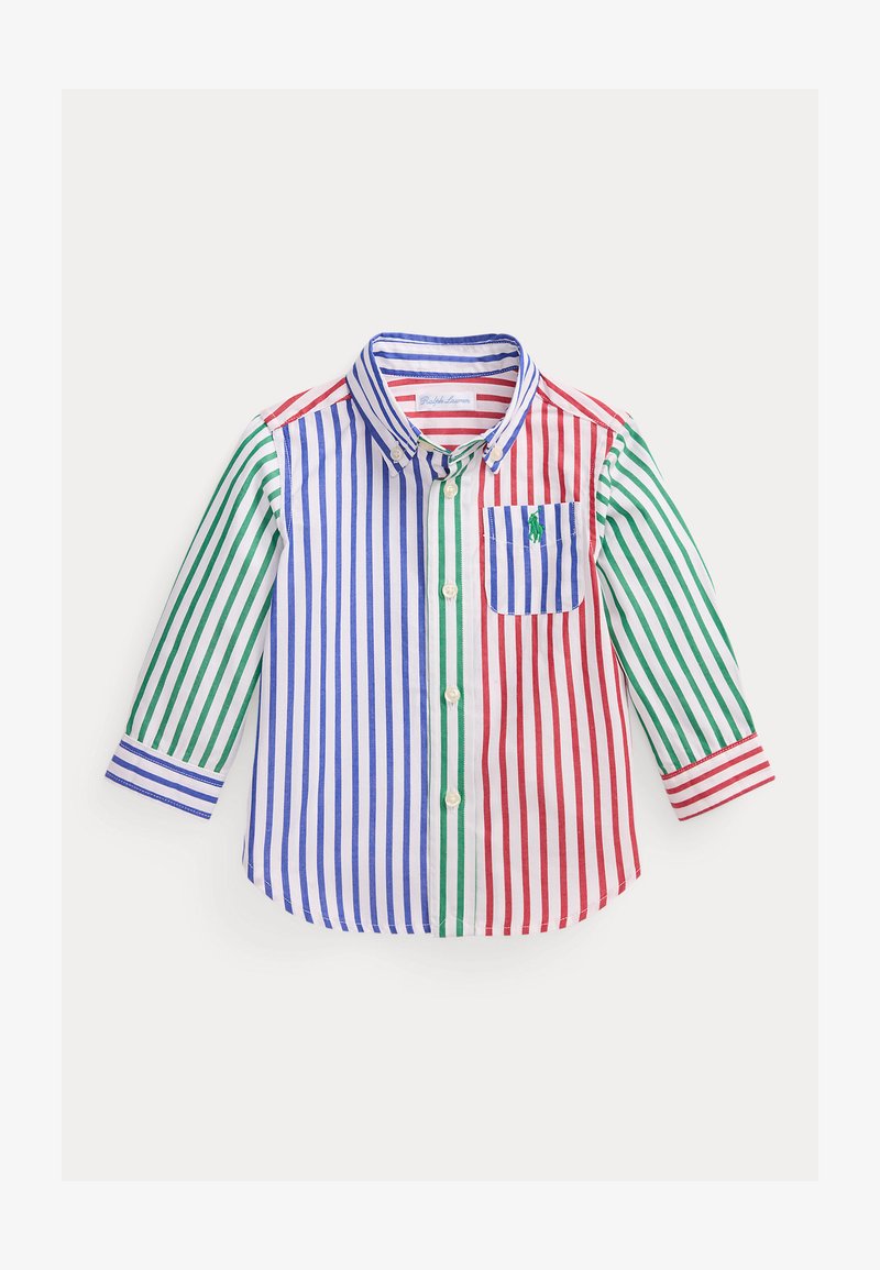 Ριγέ πουκάμισο με κατακόρυφες ρίγες σε κόκκινο, πράσινο, μπλε και λευκό, μακριά μανίκια και τσέπη με λογότυπο.