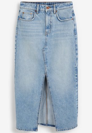 Light blue denim midi skirt with front slit, belt loops, button closure, and five-pocket style.