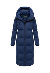 Navy blue long puffer coat featuring a high collar, zip front closure, and side pockets with elastic cuffs for a snug fit.