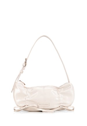 Small shiny white handbag with adjustable strap, ruched sides, bow details at the base, and a visible "WITTCHEN" brand label on the front.