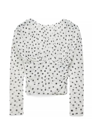 Biela priehľadná blúzka s dlhým rukávom a čiernymi bodkami, s nariaseným detailom na hrudi a páse a s širokým výstrihom do kolesa.