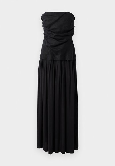 Black strapless maxi dress with a gathered bodice and flowing skirt, made from soft material, featuring a smooth texture and a simple design.