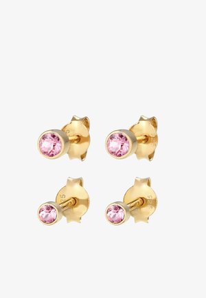 Goldplattierte Steckohrringe mit jeweils zwei rosa Edelsteinen. Das Design umfasst einen sternförmigen Verschluss mit Gravur "925".