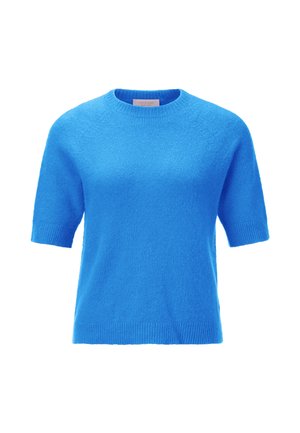 Maglione azzurro corto a maniche corte realizzato in materiale morbido e peloso, con scollatura a girocollo e orlo a coste. Texture liscia, design semplice.