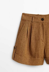 Brown, linen blend shorts with front pleats, button closure, and side pockets. Features rolled cuffs and a textured surface.