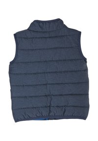 Marinblå puffer-väst med hög krage, horisontellt kviltad design och ärmlös stil. Slät textur med elastisk nederkant.