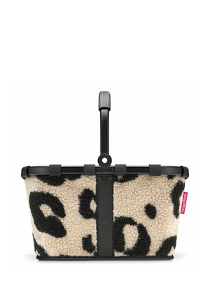Rectangular basket with black handle and beige fuzzy fabric featuring large black leopard print spots and a red brand tag on the side.
