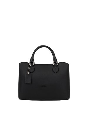 Sac à main en cuir noir avec deux poignées, quincaillerie argentée et une petite étiquette rectangulaire attachée à une poignée.