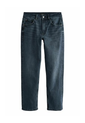 Donkerblauwe denim jeans met een rechte pijp, voorzien van vijf zakken, een knoopsluiting en subtiele stikdetails.