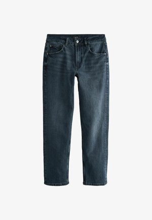 Mörkblå denimjeans med rak benform, som har fem fickor, knappstängning och subtila sömmar som detaljer.