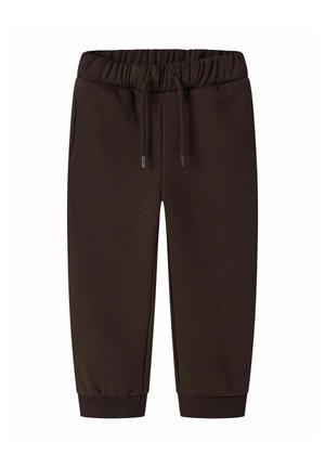 Pantalon de jogging marron foncé à taille élastique avec cordon ajustable et poignets côtelés aux chevilles, fabriqué en tissu doux.
